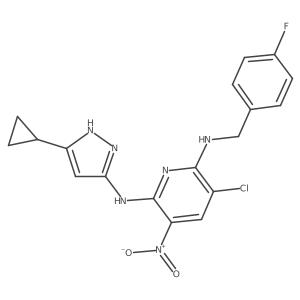3-chloro-6-N-(5-cyclopropyl-1H-pyrazol-3-yl)-2-N-[(4-fluorophenyl)methyl]-5-nitropyridine-2,6-diamine结构式