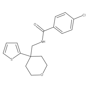 4-chloro-N-((4-(thiophen-2-yl)tetrahydro-2H-pyran-4-yl)methyl)benzamide结构式