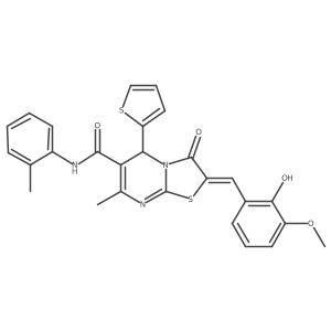 (2E)-2-[(2-hydroxy-3-methoxyphenyl)methylidene]-7-methyl-N-(2-methylphenyl)-3-oxo-5-(thiophen-2-yl)-2H,3H,5H-[1,3]thiazolo[3,2-a]pyrimidine-6-carboxamide结构式