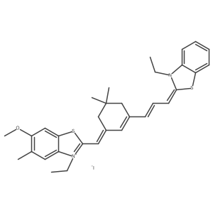 Benzothiazolium, 3-ethyl-2-[[3-[3-(3-ethyl-2(3H)-benzothiazolylidene)-1-propen-1-yl]-5,5-dimethyl-2-cyclohexen-1-ylidene]methyl]-6-methoxy-5-methyl-, iodide (1:1) Structure