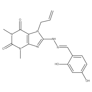 (E)-7-allyl-8-(2-(2,4-dihydroxybenzylidene)hydrazinyl)-1,3-dimethyl-1H-purine-2,6(3H,7H)-dione Structure