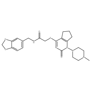 N-(benzo[d][1,3]dioxol-5-ylmethyl)-2-((1-(4-methylpiperazin-1-yl)-2-oxo-2,5,6,7-tetrahydro-1H-cyclopenta[d]pyrimidin-4-yl)thio)acetamide结构式