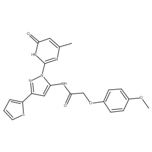 2-(4-methoxyphenoxy)-N-[1-(4-methyl-6-oxo-1,6-dihydropyrimidin-2-yl)-3-(thiophen-2-yl)-1H-pyrazol-5-yl]acetamide Structure