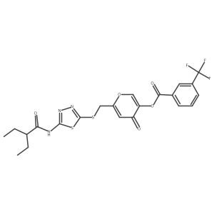6-(((5-(2-ethylbutanamido)-1,3,4-thiadiazol-2-yl)thio)methyl)-4-oxo-4H-pyran-3-yl 3-(trifluoromethyl)benzoate结构式