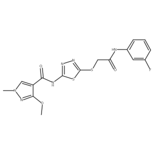 N-(5-((2-((3-fluorophenyl)amino)-2-oxoethyl)thio)-1,3,4-thiadiazol-2-yl)-3-methoxy-1-methyl-1H-pyrazole-4-carboxamide结构式