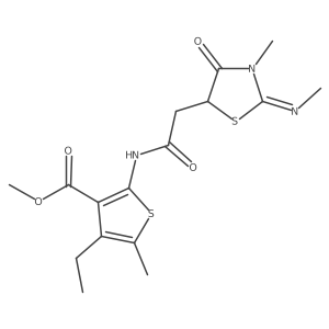 (E)-methyl 4-ethyl-5-methyl-2-(2-(3-methyl-2-(methylimino)-4-oxothiazolidin-5-yl)acetamido)thiophene-3-carboxylate Structure