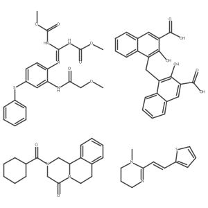 4-[(3-carboxy-2-hydroxynaphthalen-1-yl)methyl]-3-hydroxynaphthalene-2-carboxylic acid;2-(cyclohexanecarbonyl)-3,6,7,11b-tetrahydro-1H-pyrazino[2,1-a]isoquinolin-4-one;methyl N-[N'-[2-[(2-methoxyacetyl)amino]-4-phenylsulfanylphenyl]-N-methoxycarbonylcarbamimidoyl]carbamate;1-methyl-2-[(E)-2-thiophen-2-ylethenyl]-5,6-dihydro-4H-pyrimidine结构式