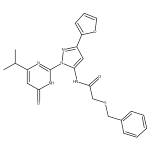 2-(benzylthio)-N-(3-(furan-2-yl)-1-(4-isopropyl-6-oxo-1,6-dihydropyrimidin-2-yl)-1H-pyrazol-5-yl)acetamide结构式