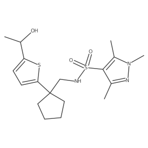 N-((1-(5-(1-hydroxyethyl)thiophen-2-yl)cyclopentyl)methyl)-1,3,5-trimethyl-1H-pyrazole-4-sulfonamide结构式