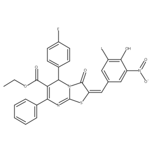 Ethyl 5-(4-fluorophenyl)-2,3-dihydro-2-[(4-hydroxy-3-iodo-5-nitrophenyl)methylene]-3-oxo-7-phenyl-5H-thiazolo[3,2-a]pyrimidine-6-carboxylate Structure