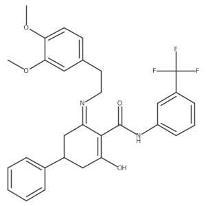(6-((2-(3,4-dimethoxyphenyl)ethyl)amino)-2-oxo-4-phenylcyclohex-1-enyl)-N-(3-(trifluoromethyl)phenyl)formamide Structure