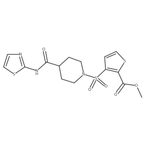 Methyl 3-((4-(thiazol-2-ylcarbamoyl)piperidin-1-yl)sulfonyl)thiophene-2-carboxylate结构式