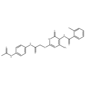 N-[2-[2-(4-acetamidoanilino)-2-oxoethyl]sulfanyl-6-amino-4-oxo-1H-pyrimidin-5-yl]-2-fluorobenzamide Structure