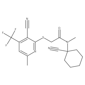 Cc1cc(C(F)(F)F)c(C#N)c(SCC(=O)N(C)C2(C#N)CCCCC2)n1结构式