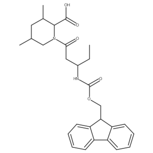 1-[(3R)-3-({[(9H-fluoren-9-yl)methoxy]carbonyl}amino)pentanoyl]-3,5-dimethylpiperidine-2-carboxylic acid结构式