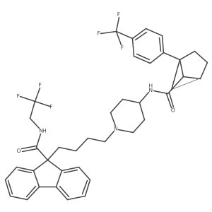 N-(2,2,2-trifluoroethyl)-9-[4-(4-{1-[4-(trifluoromethyl)phenyl]bicyclo[2.1.1]hexane-5-amido}piperidin-1-yl)butyl]-9H-fluorene-9-carboxamide结构式