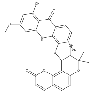 9(10H)-Acridinone, 5-[[(9R,10R)-9,10-dihydro-9-hydroxy-8,8-dimethyl-2-oxo-2H,8H-benzo[1,2-b:3,4-ba(2)]dipyran-10-yl]oxy]-1,6-dihydroxy-3-methoxy-, rel-(-)-结构式