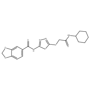 N-[5-[2-(cyclohexylamino)-2-oxo-ethyl]sulfanyl-1,3,4-thiadiazol-2-yl]-1,3-benzodioxole-5-carboxamide结构式