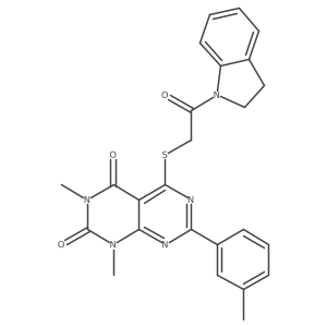 5-((2-(indolin-1-yl)-2-oxoethyl)thio)-1,3-dimethyl-7-(m-tolyl)pyrimido[4,5-d]pyrimidine-2,4(1H,3H)-dione结构式