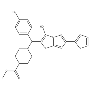 Methyl 1-((4-bromophenyl)(2-(furan-2-yl)-6-hydroxythiazolo[3,2-b][1,2,4]triazol-5-yl)methyl)piperidine-4-carboxylate结构式