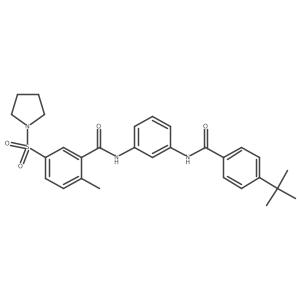 Cc1ccc(S(=O)(=O)N2CCCC2)cc1C(=O)Nc1cccc(NC(=O)c2ccc(C(C)(C)C)cc2)c1结构式
