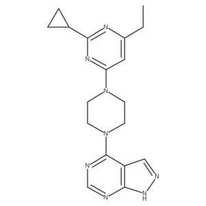 2-cyclopropyl-4-ethyl-6-(4-{1H-pyrazolo[3,4-d]pyrimidin-4-yl}piperazin-1-yl)pyrimidine结构式