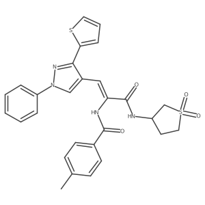 N-{(1Z)-3-[(1,1-dioxidotetrahydrothiophen-3-yl)amino]-3-oxo-1-[1-phenyl-3-(thiophen-2-yl)-1H-pyrazol-4-yl]prop-1-en-2-yl}-4-methylbenzamide结构式