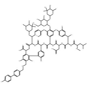 (1S,2R,18R,19R,22S,25R,28R,40S)-2-[(2R,4S,5R,6S)-4-amino-5-hydroxy-4,6-dimethyloxan-2-yl]oxy-48-[(3R,4S,5S,6R)-3-[(2R,4S,5R,6S)-4-amino-5-hydroxy-4,6-dimethyloxan-2-yl]oxy-4,5-dihydroxy-6-(hydroxymethyl)oxan-2-yl]oxy-22-(2-amino-2-oxoethyl)-15-chloro-36-[[[4-(4-chlorophenyl)phenyl]methylamino]methyl]-18,32,35,37-tetrahydroxy-19-[[(2R)-4-methyl-2-(methylamino)pentanoyl]amino]-20,23,26,42,44-pentaoxo-7,13-dioxa-21,24,27,41,43-pentazaoctacyclo[26.14.2.23,6.214,17.18,12.129,33.010,25.034,39]pentaconta-3(50),4,6结构式